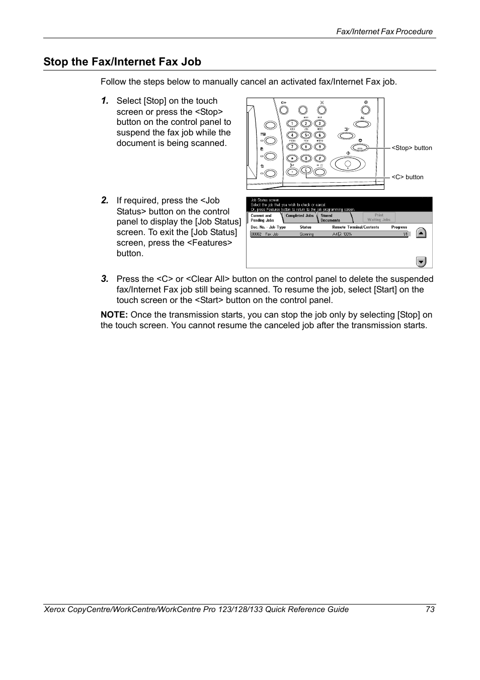 Stop the fax/internet fax job | Xerox WorkCentre M123-M128-3048 User Manual | Page 74 / 115