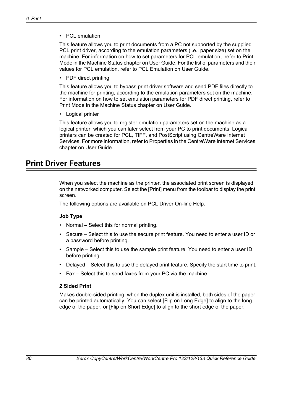Print driver features | Xerox WorkCentre M123-M128-3048 User Manual | Page 81 / 115