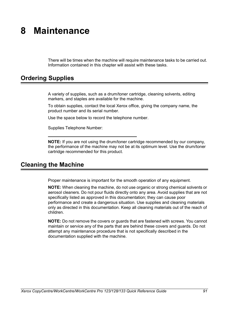 8 maintenance, Ordering supplies, Cleaning the machine | Maintenance ordering supplies cleaning the machine | Xerox WorkCentre M123-M128-3048 User Manual | Page 92 / 115