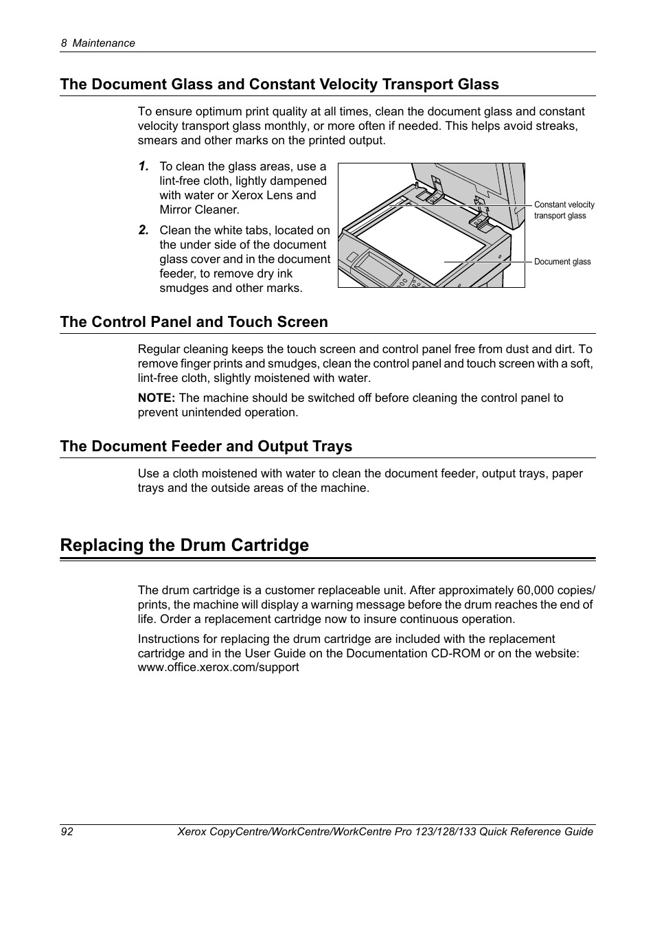 The control panel and touch screen, The document feeder and output trays, Replacing the drum cartridge | Xerox WorkCentre M123-M128-3048 User Manual | Page 93 / 115