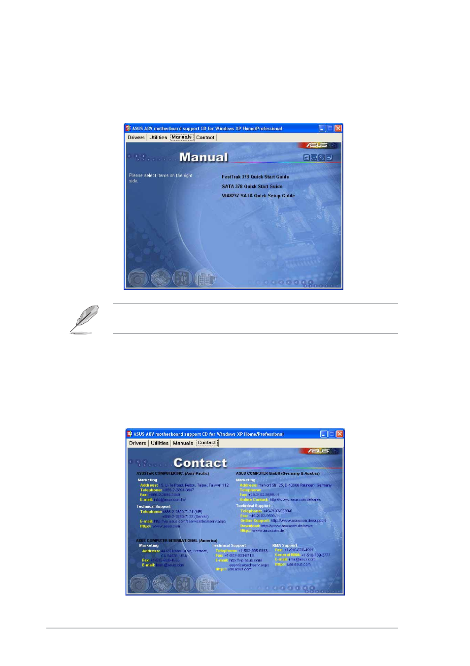 4 manuals menu, 5 asus contact information | Asus A8V User Manual | Page 102 / 122