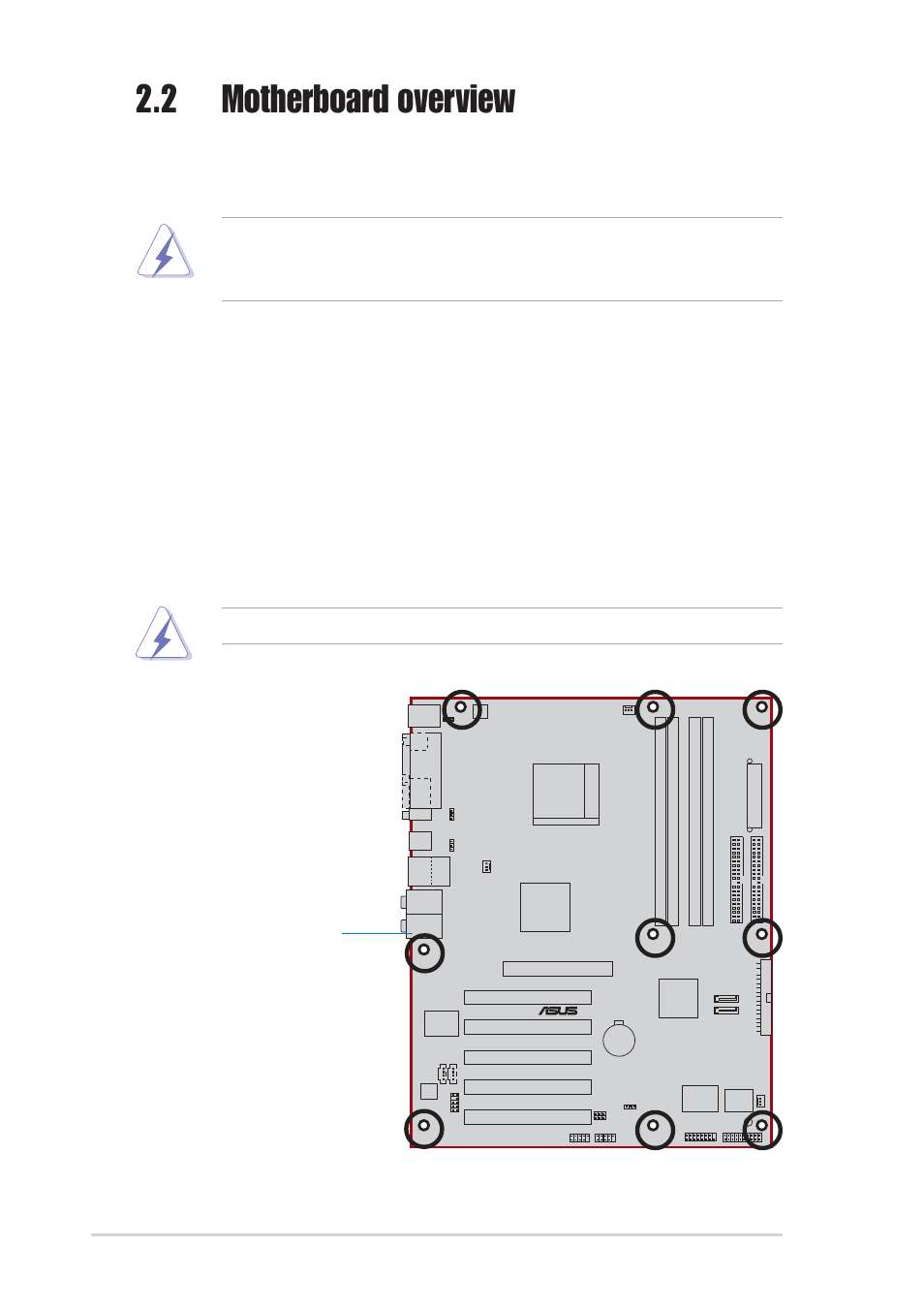 2 motherboard overview, 1 placement direction, 2 screw holes | Asus A8V User Manual | Page 24 / 122