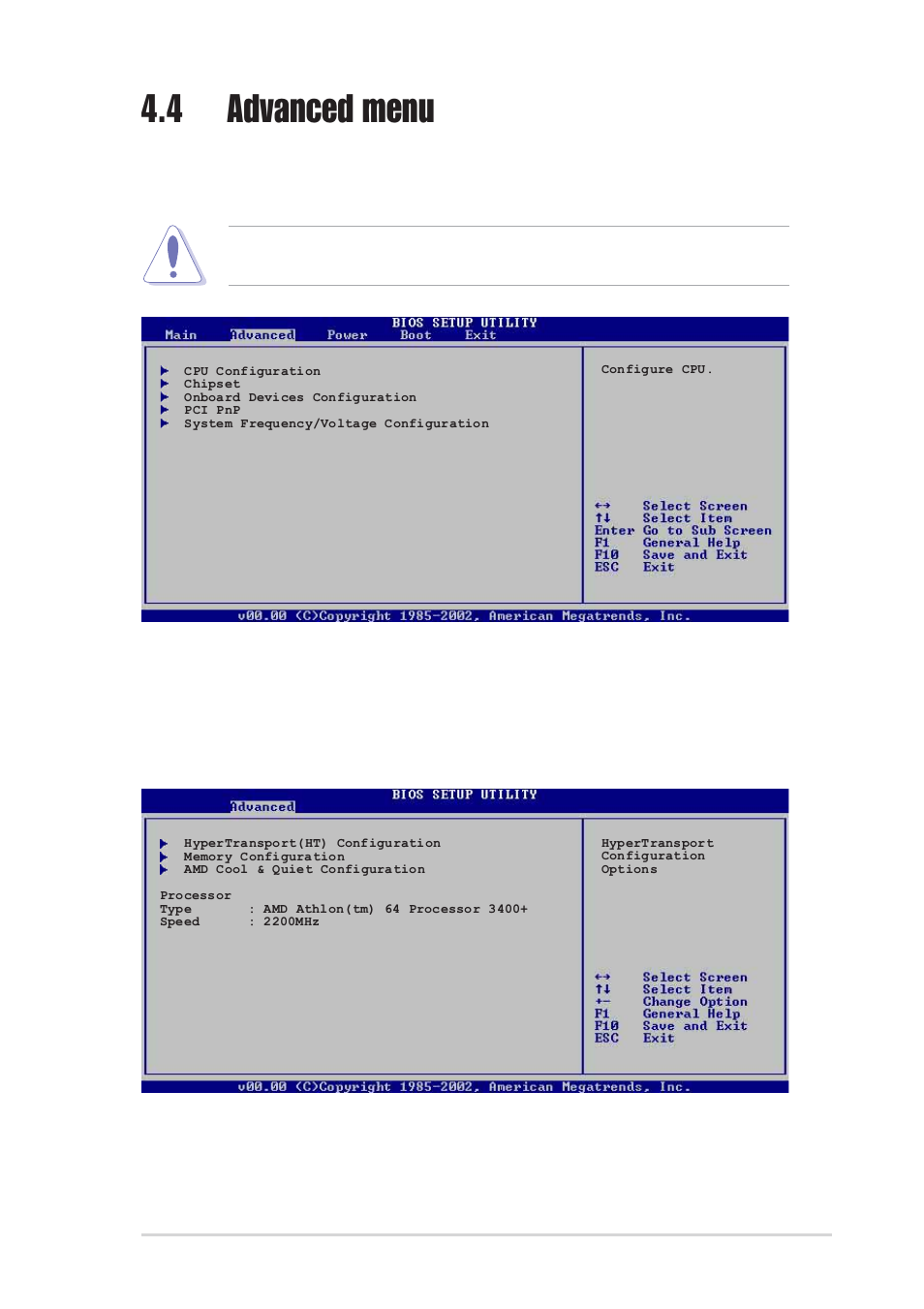 4 advanced menu, 1 cpu configuration | Asus A8V User Manual | Page 71 / 122