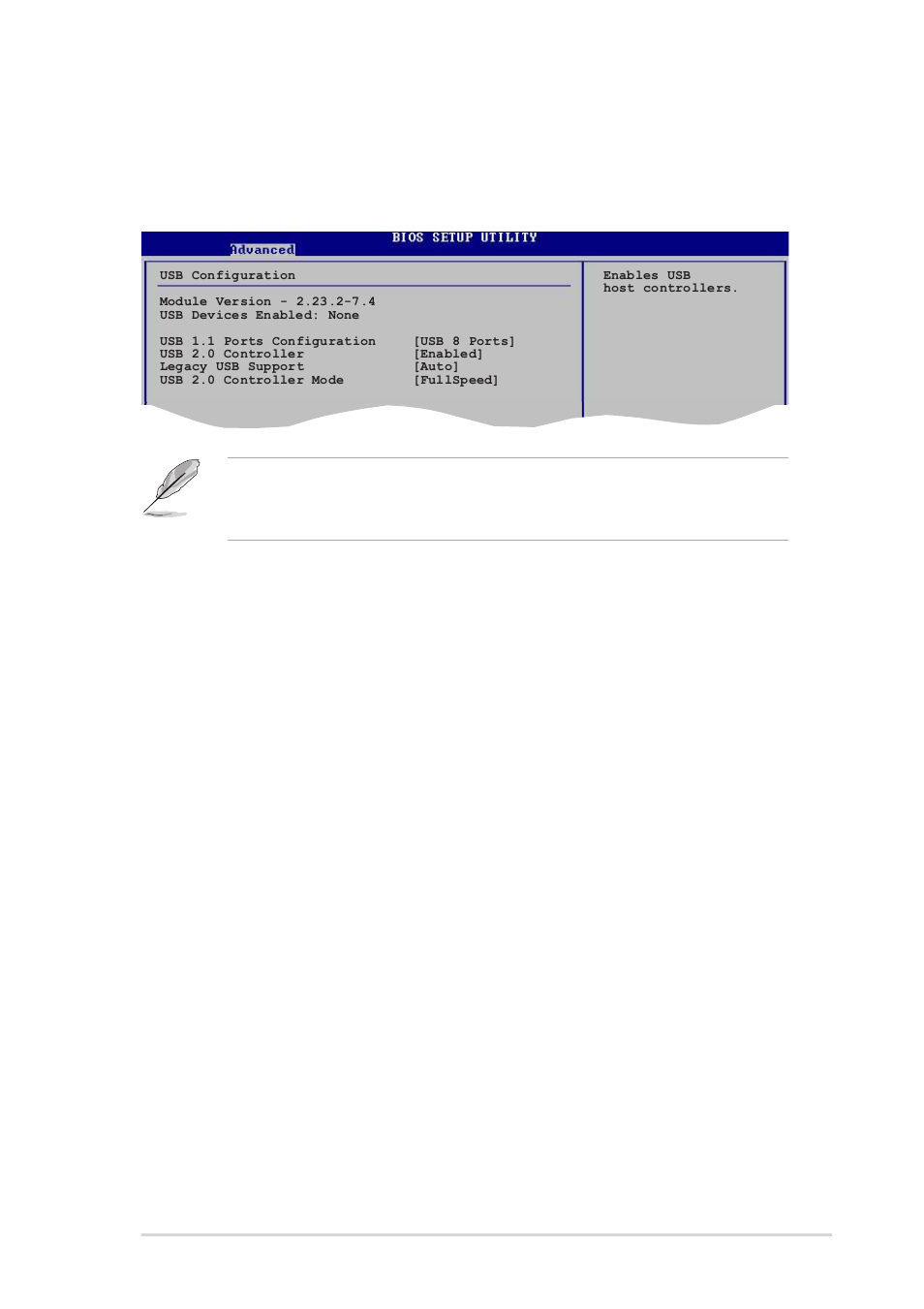 Usb configuration, Usb 1.1 ports configuration [usb 8 ports, Usb 2.0 controller [enabled | Legacy usb support [auto, Usb 2.0 controller mode [fullspeed, Asus a8v 4-23 | Asus A8V User Manual | Page 79 / 122