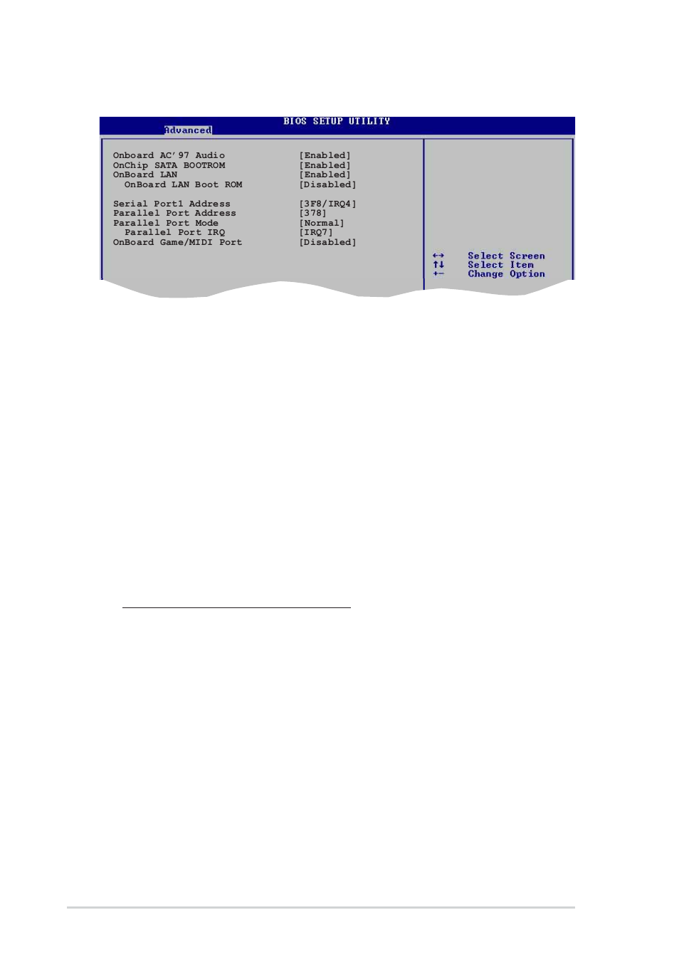 3 onboard devices configuration, Onboard ac’97 audio [enabled, Onchip sata boot rom [enabled | Onboard lan [enabled, Serial port1 address [3f8/irq4, Parallel port address [378, 24 chapter 4: bios setup | Asus A8V User Manual | Page 80 / 122