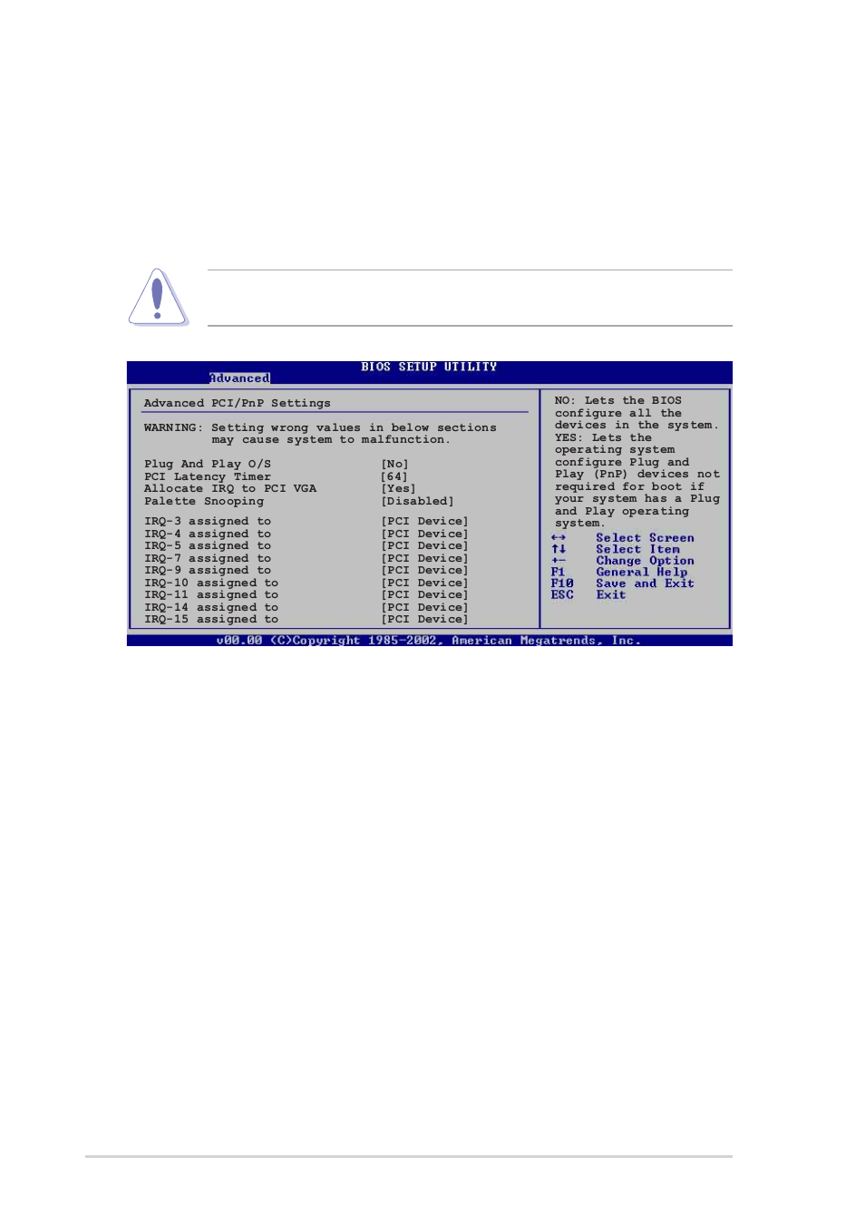 4 pci pnp, Plug and play o/s [no, Pci latency timer [64 | Allocate irq to pci vga [yes, 26 chapter 4: bios setup | Asus A8V User Manual | Page 82 / 122