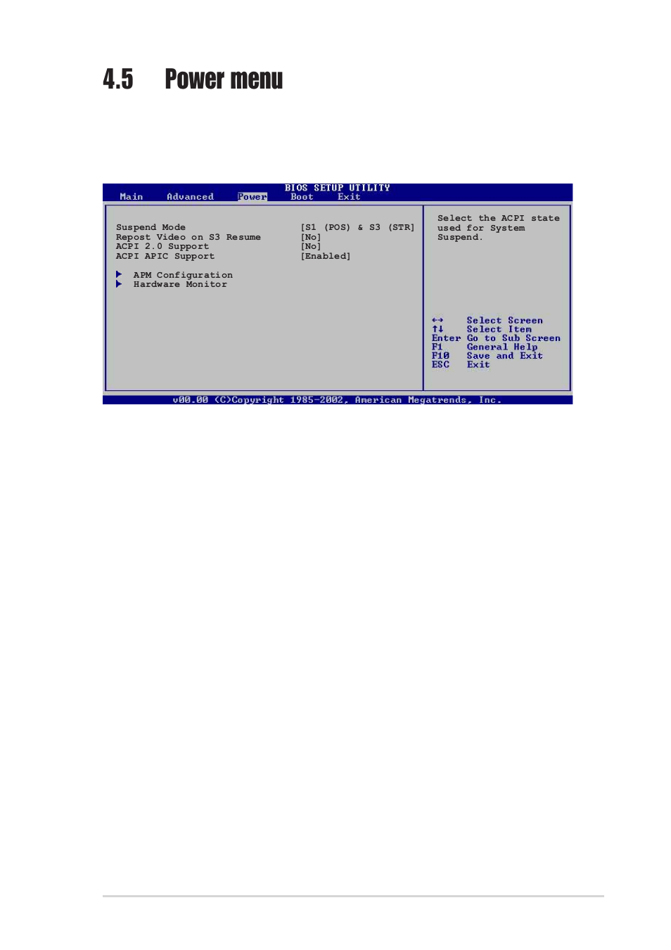 5 power menu, 1 suspend mode [s1 (pos) & s3 (str), 2 repost video on s3 resume [no | 3 acpi 2.0 support [no, 4 acpi apic support [enabled | Asus A8V User Manual | Page 85 / 122