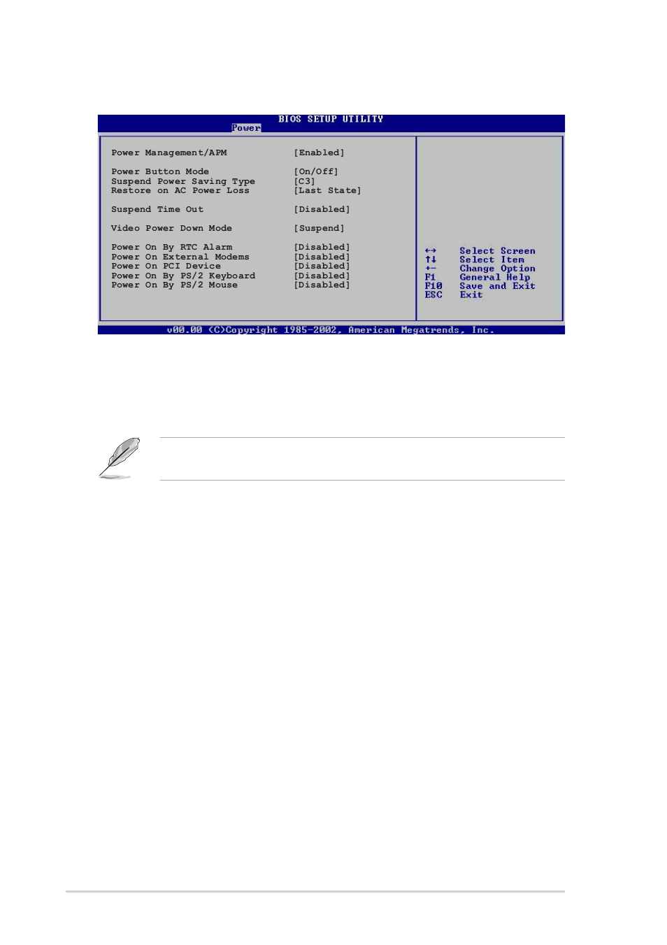 5 apm configuration, Power management/apm [enabled, Power button mode [on/off | Suspend power saving type [c3, Restore on ac power loss [last state, Suspend time out [disabled, 30 chapter 4: bios setup | Asus A8V User Manual | Page 86 / 122