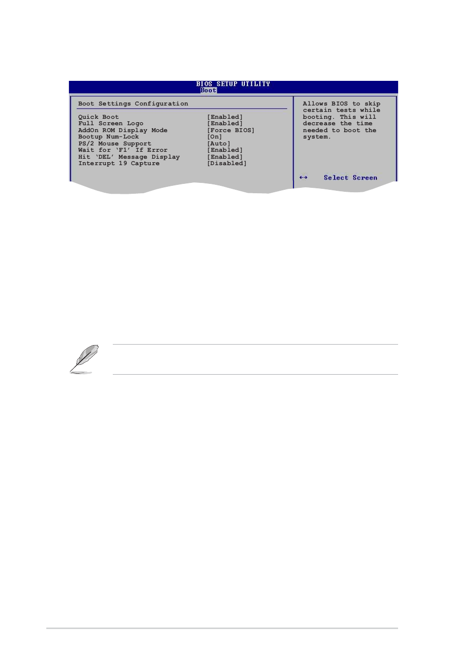 2 boot settings configuration, Quick boot [enabled, Full screen logo [enabled | Add on rom display mode [force bios, Bootup num-lock [on, Ps/2 mouse support [auto, Wait for ‘f1’ if error [enabled, 34 chapter 4: bios setup | Asus A8V User Manual | Page 90 / 122