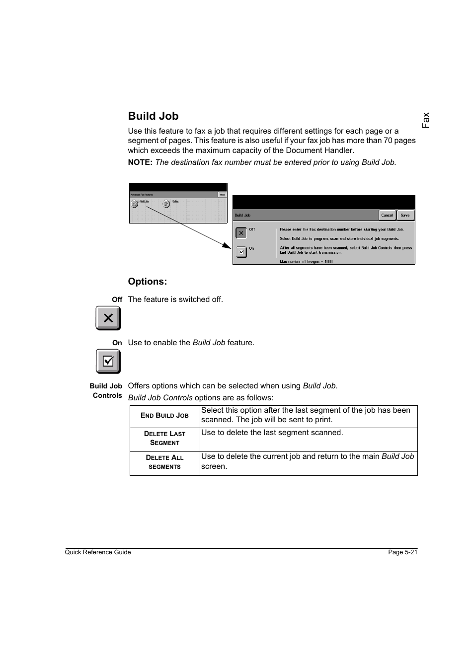 Build job, Fa x, Options | Xerox WorkCentre M45-4033 User Manual | Page 100 / 189