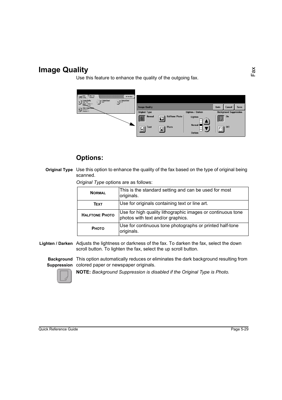 Image quality, Options, Image quality -29 | Fa x | Xerox WorkCentre M45-4033 User Manual | Page 108 / 189