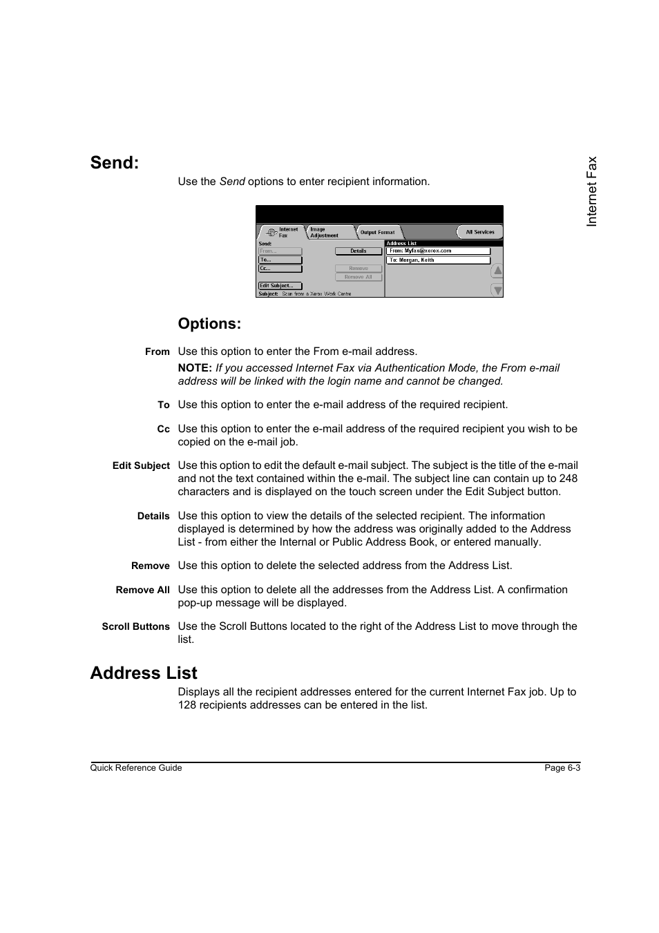 Send, Options, Address list | Send: -3 address list -3 | Xerox WorkCentre M45-4033 User Manual | Page 116 / 189