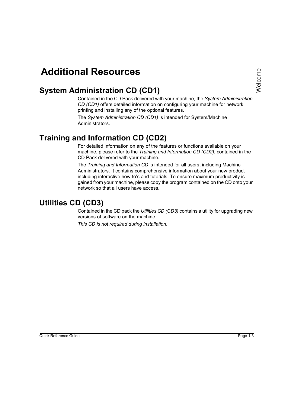 Additional resources, System administration cd (cd1), Training and information cd (cd2) | Utilities cd (cd3), Additional resources -3 | Xerox WorkCentre M45-4033 User Manual | Page 12 / 189