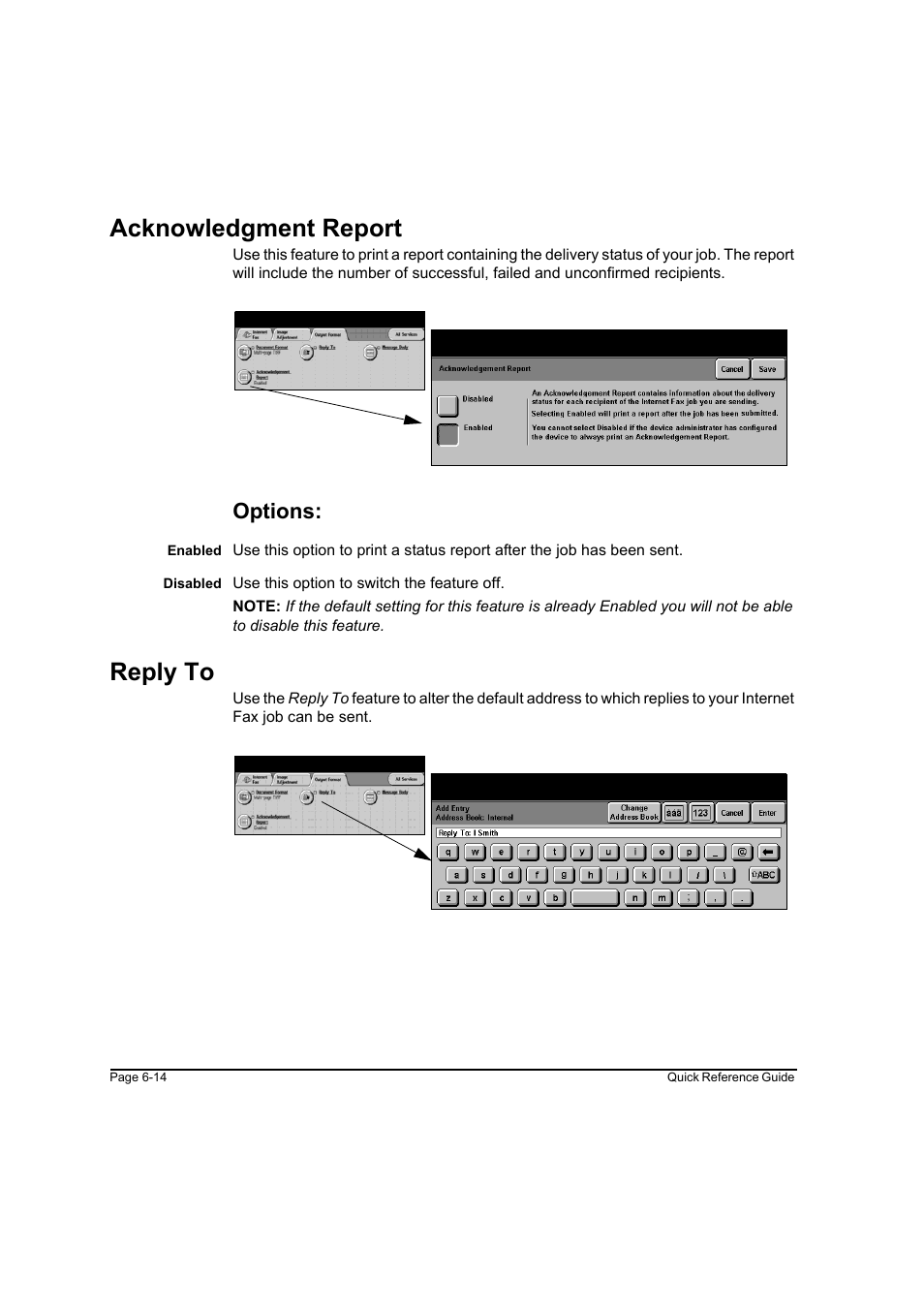 Acknowledgment report, Options, Reply to | Acknowledgment report -14, Reply to -14 | Xerox WorkCentre M45-4033 User Manual | Page 127 / 189