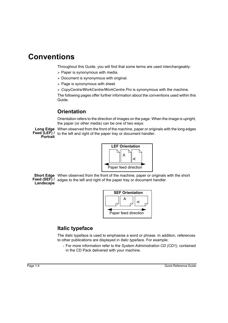 Conventions, Orientation, Italic typeface | Conventions -4 | Xerox WorkCentre M45-4033 User Manual | Page 13 / 189