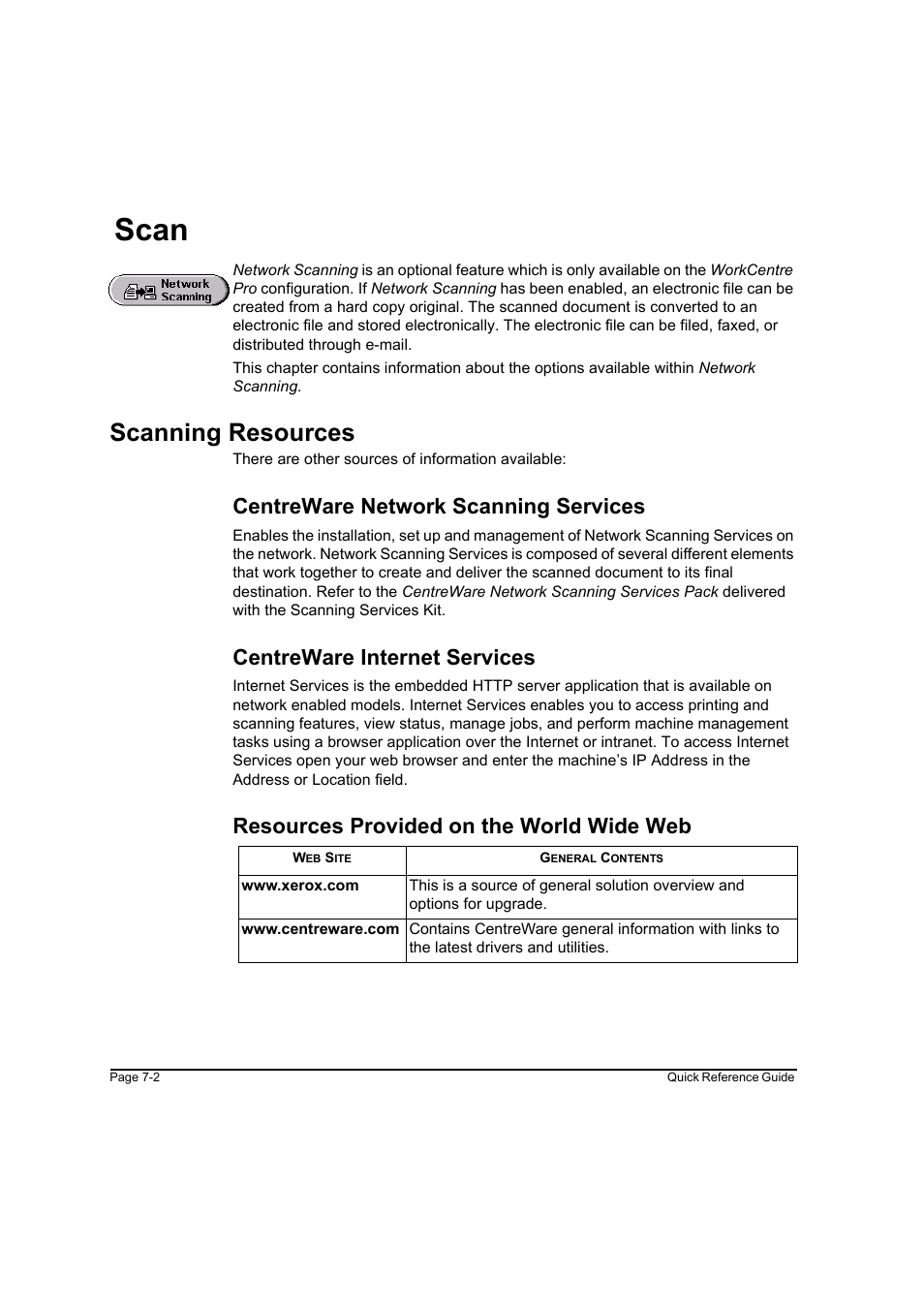 Scan, Scanning resources, Centreware network scanning services | Centreware internet services, Resources provided on the world wide web, Scan -2 scanning resources -2, Scan -2 | Xerox WorkCentre M45-4033 User Manual | Page 131 / 189