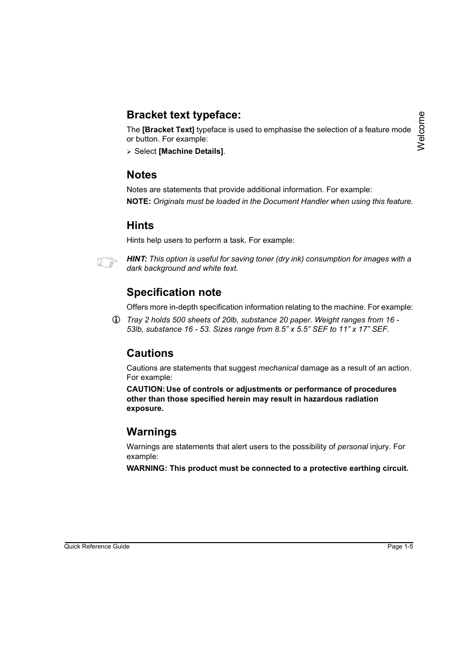 Bracket text typeface, Notes, Hints | Specification note, Cautions, Warnings | Xerox WorkCentre M45-4033 User Manual | Page 14 / 189