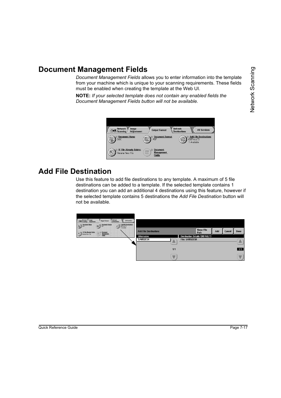 Document management fields, Add file destination | Xerox WorkCentre M45-4033 User Manual | Page 146 / 189