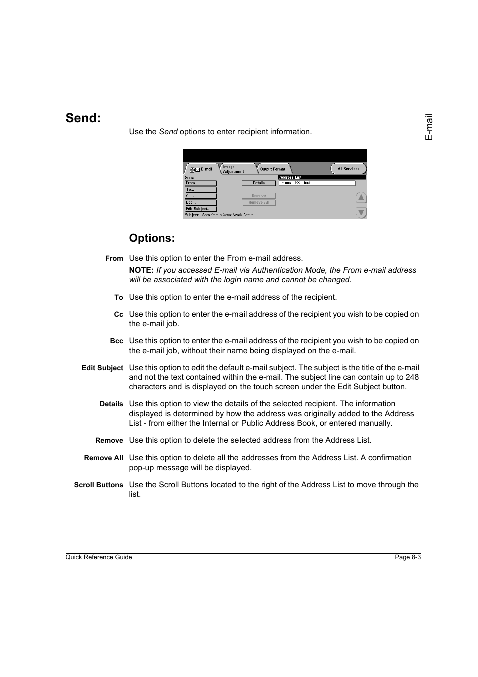 Send, Options, Send: -3 | E- mai l | Xerox WorkCentre M45-4033 User Manual | Page 152 / 189