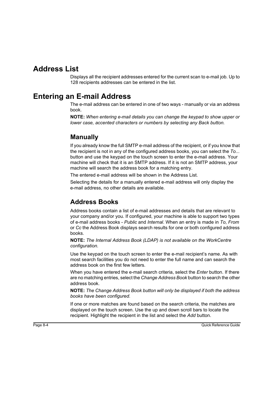 Address list, Entering an e-mail address, Manually | Address books, Address list -4 entering an e-mail address -4 | Xerox WorkCentre M45-4033 User Manual | Page 153 / 189