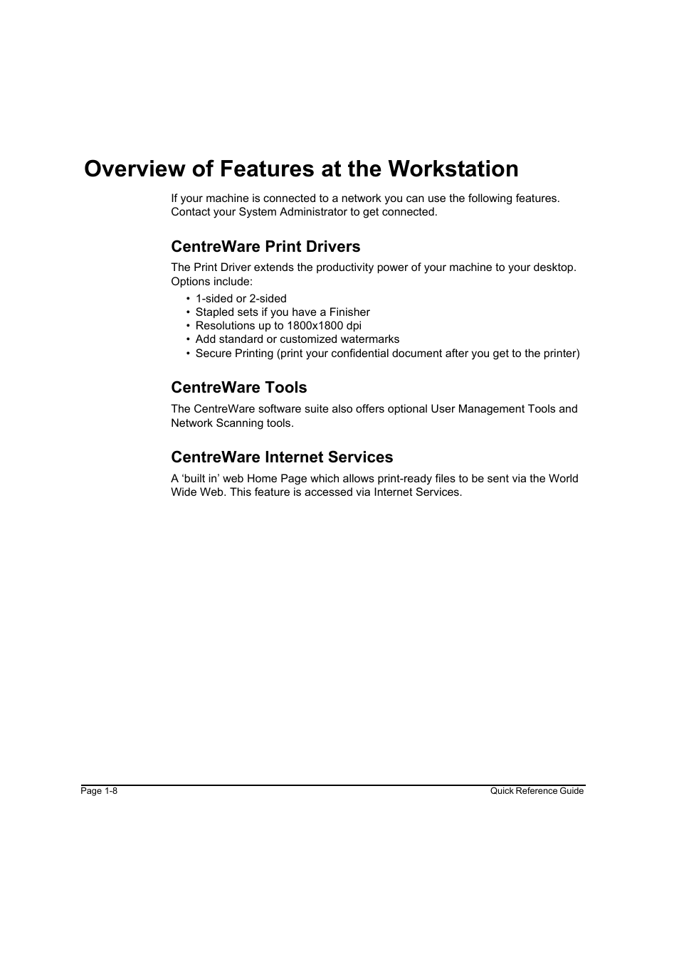 Overview of features at the workstation, Centreware print drivers, Centreware tools | Centreware internet services, Overview of features at the workstation -8 | Xerox WorkCentre M45-4033 User Manual | Page 17 / 189