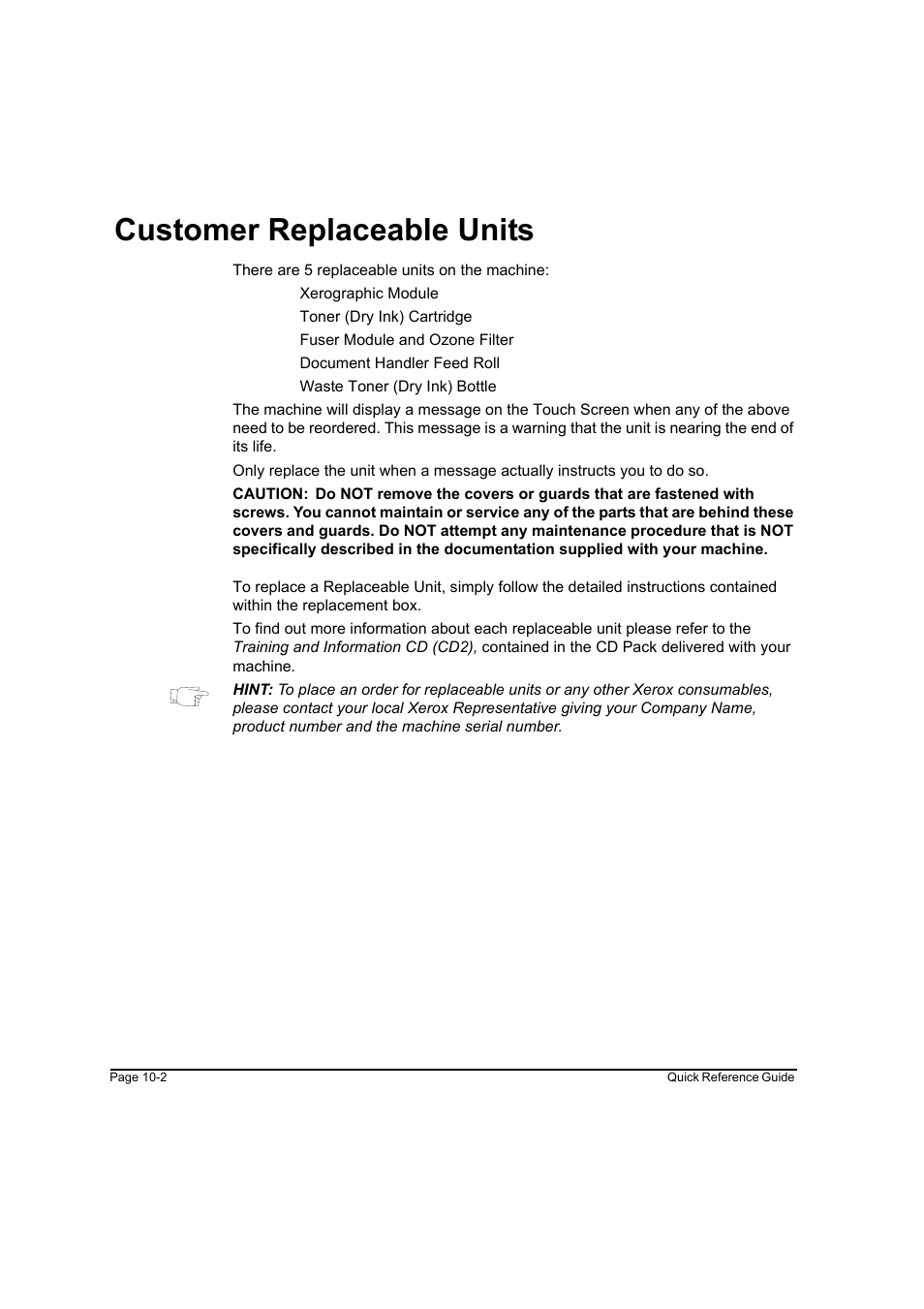 Customer replaceable units, Customer replaceable units -2 | Xerox WorkCentre M45-4033 User Manual | Page 173 / 189