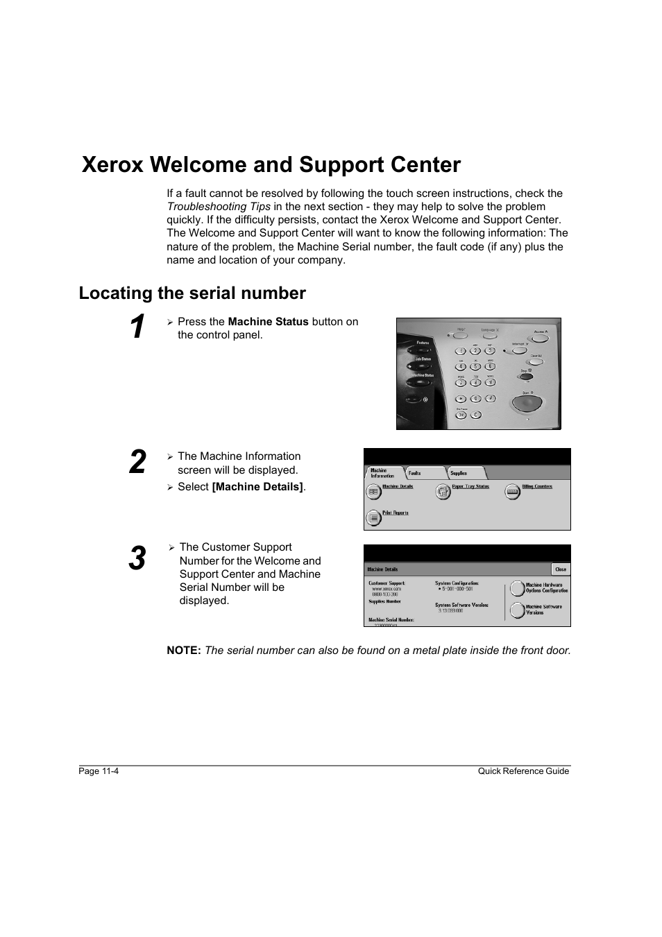 Xerox welcome and support center, Locating the serial number, Xerox welcome and support center -4 | Xerox WorkCentre M45-4033 User Manual | Page 179 / 189