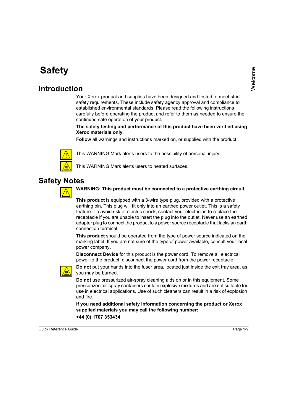 Safety, Introduction, Safety notes | Safety -9 introduction -9 safety notes -9, Safety -9 | Xerox WorkCentre M45-4033 User Manual | Page 18 / 189