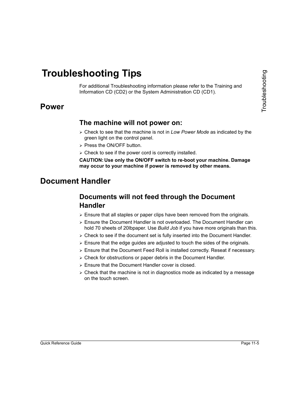 Troubleshooting tips, Power, The machine will not power on | Document handler, Troubleshooting tips -5 | Xerox WorkCentre M45-4033 User Manual | Page 180 / 189