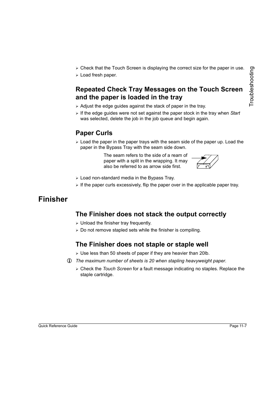 Paper curls, Finisher, The finisher does not stack the output correctly | The finisher does not staple or staple well, Finisher -7, Troubleshooting | Xerox WorkCentre M45-4033 User Manual | Page 182 / 189