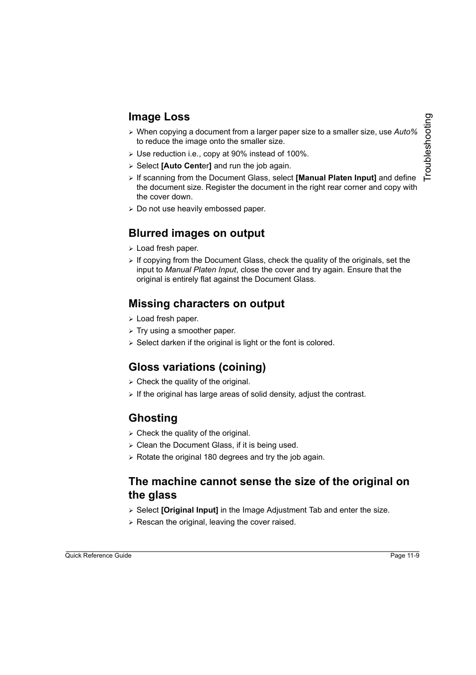 Image loss, Blurred images on output, Missing characters on output | Gloss variations (coining), Ghosting, Troubleshooting | Xerox WorkCentre M45-4033 User Manual | Page 184 / 189