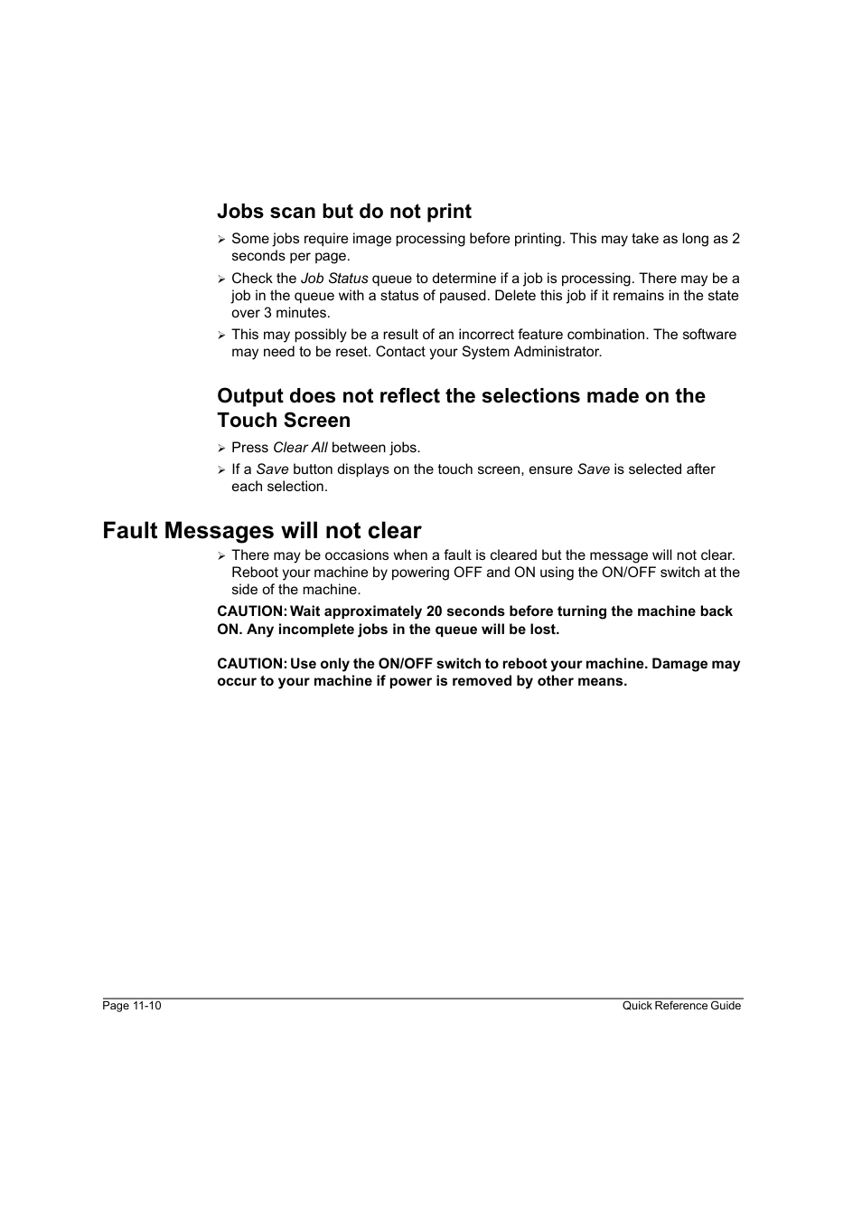 Jobs scan but do not print, Fault messages will not clear, Fault messages will not clear -10 | Xerox WorkCentre M45-4033 User Manual | Page 185 / 189