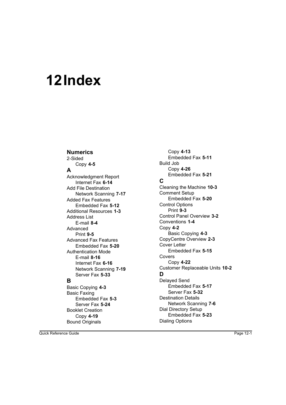 12 index, Index -1, 12index | Xerox WorkCentre M45-4033 User Manual | Page 186 / 189