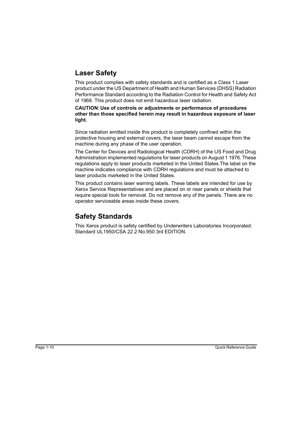 Laser safety, Safety standards | Xerox WorkCentre M45-4033 User Manual | Page 19 / 189