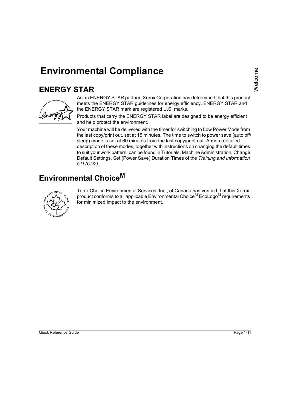 Environmental compliance, Energy star, Environmental choicem | Environmental compliance -11, Environmental choice | Xerox WorkCentre M45-4033 User Manual | Page 20 / 189