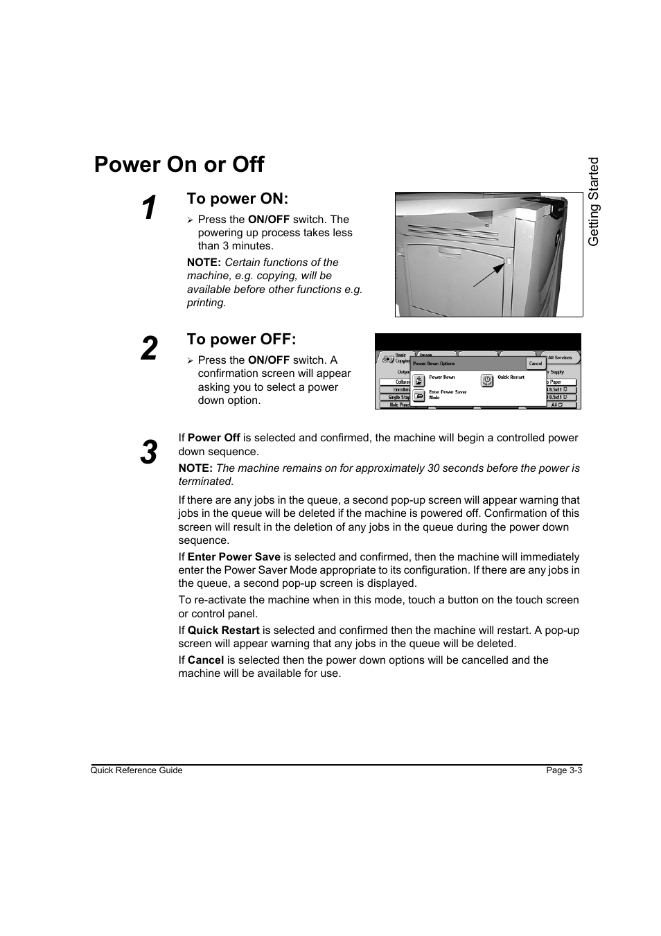 Power on or off, To power on, To power off | Power on or off -3 | Xerox WorkCentre M45-4033 User Manual | Page 36 / 189