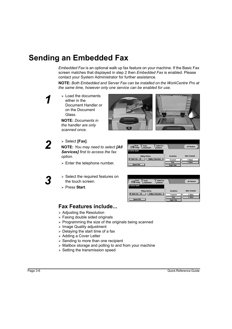 Sending an embedded fax, Fax features include, Sending an embedded fax -6 | Xerox WorkCentre M45-4033 User Manual | Page 39 / 189