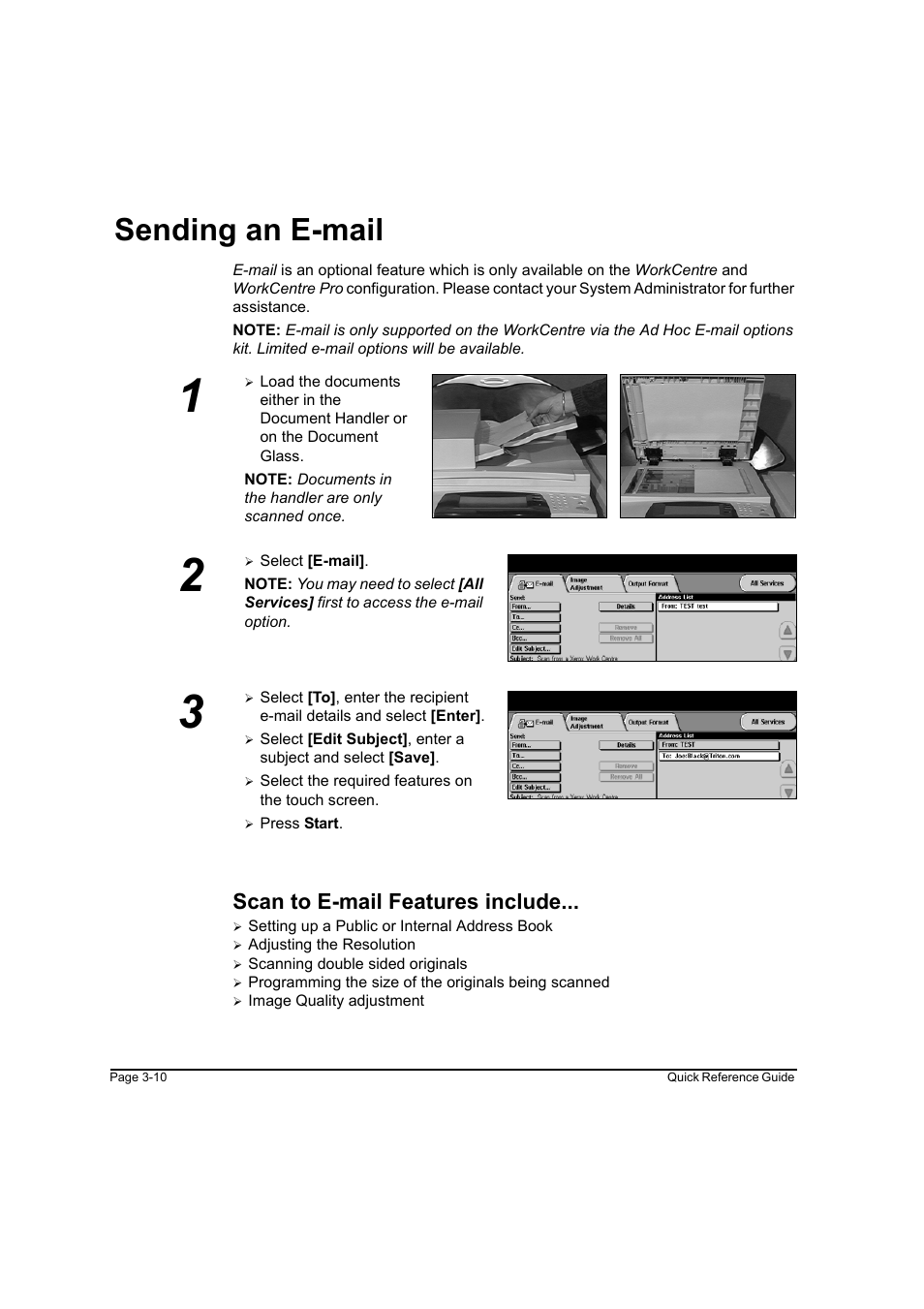 Sending an e-mail, Scan to e-mail features include, Sending an e-mail -10 | Xerox WorkCentre M45-4033 User Manual | Page 43 / 189