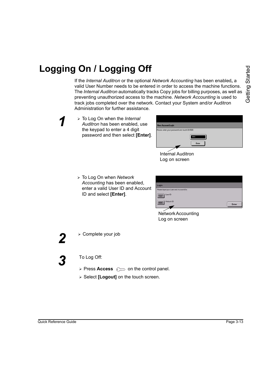 Logging on / logging off, Logging on / logging off -13 | Xerox WorkCentre M45-4033 User Manual | Page 46 / 189