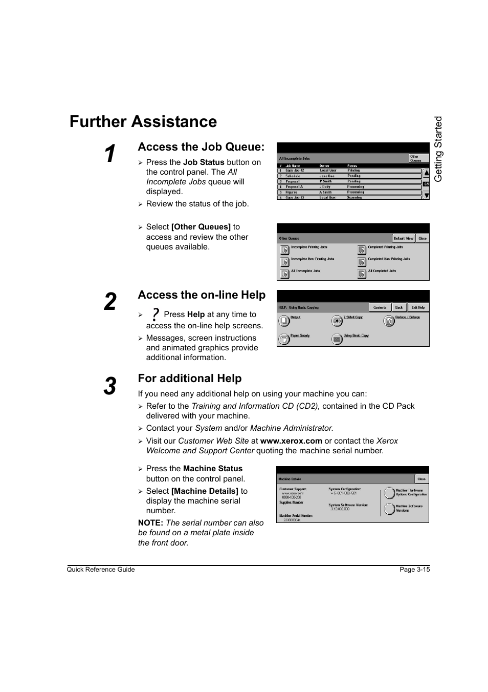 Further assistance, Access the job queue, Access the on-line help | Further assistance -15, For additional help | Xerox WorkCentre M45-4033 User Manual | Page 48 / 189