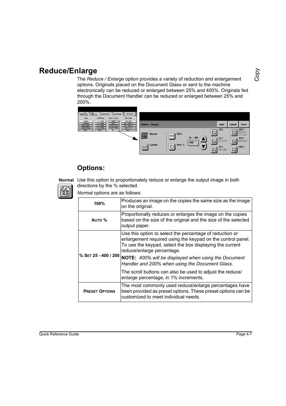 Reduce/enlarge, Options, Reduce/enlarge -7 | Co py | Xerox WorkCentre M45-4033 User Manual | Page 56 / 189