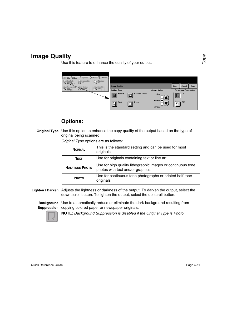 Image quality, Options, Image quality -11 | Co py | Xerox WorkCentre M45-4033 User Manual | Page 60 / 189