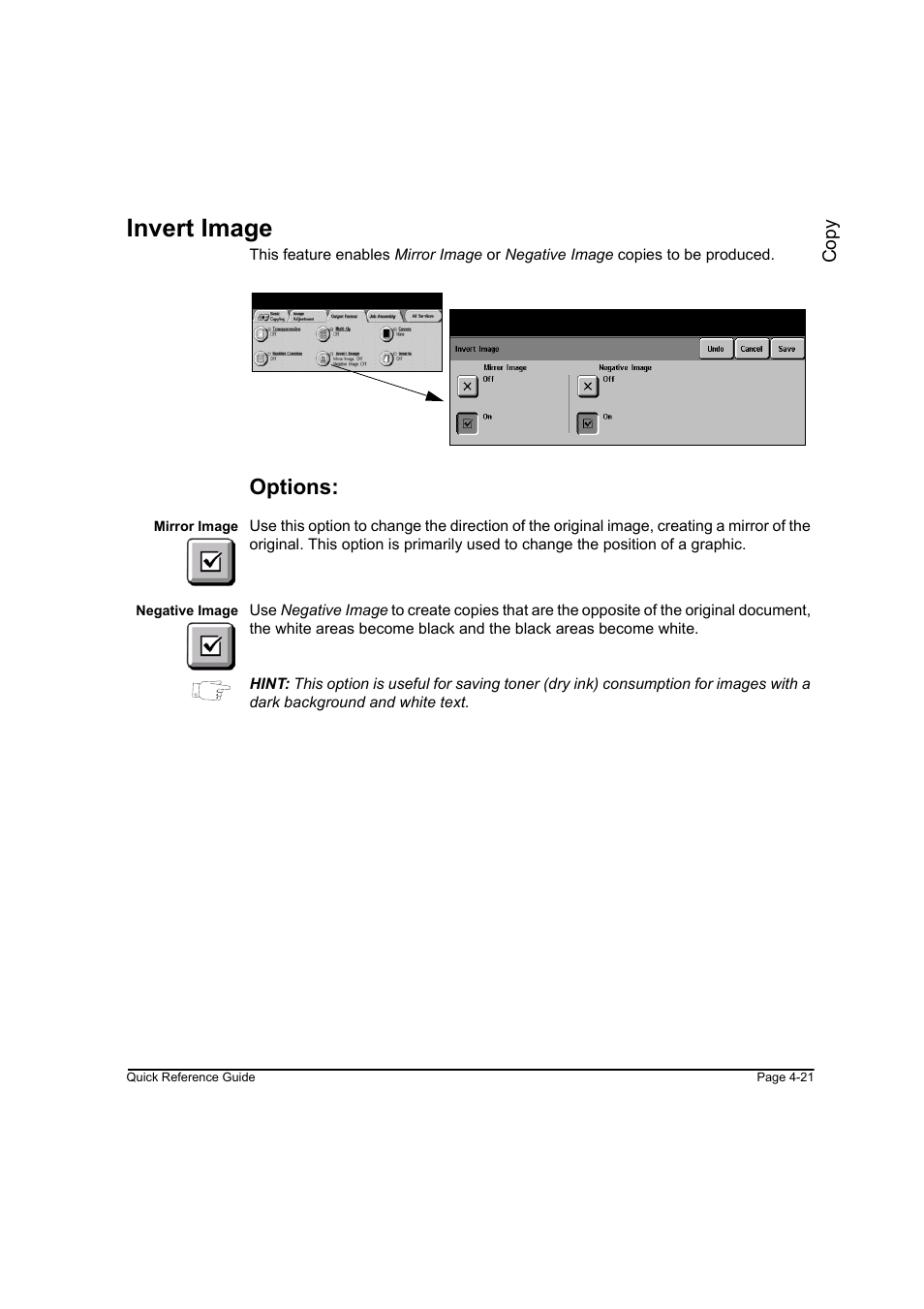 Invert image, Options, Invert image -21 | Xerox WorkCentre M45-4033 User Manual | Page 70 / 189