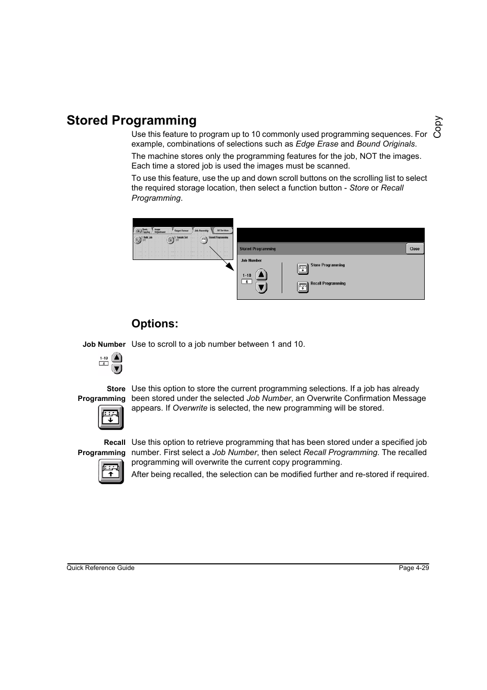 Stored programming, Options, Stored programming -29 | Xerox WorkCentre M45-4033 User Manual | Page 78 / 189