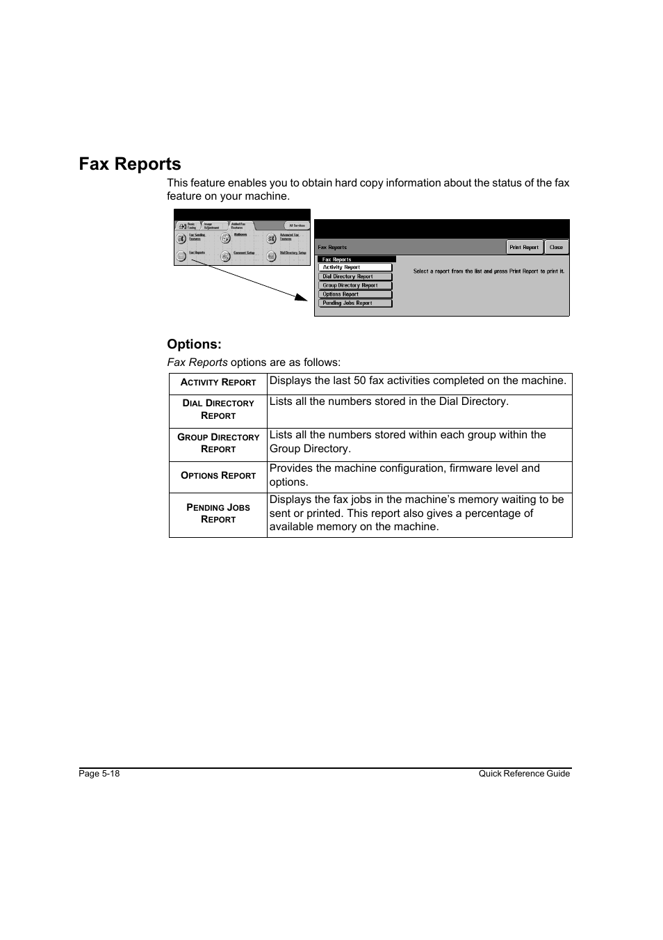 Fax reports, Fax reports -18, Options | Xerox WorkCentre M45-4033 User Manual | Page 97 / 189