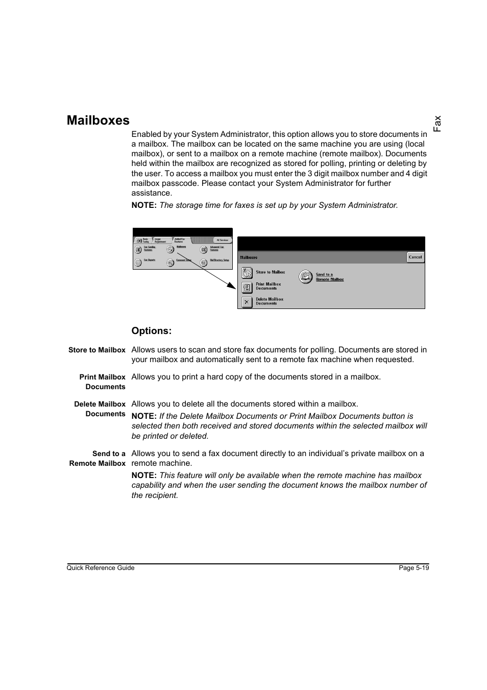 Mailboxes, Mailboxes -19, Fa x | Options | Xerox WorkCentre M45-4033 User Manual | Page 98 / 189