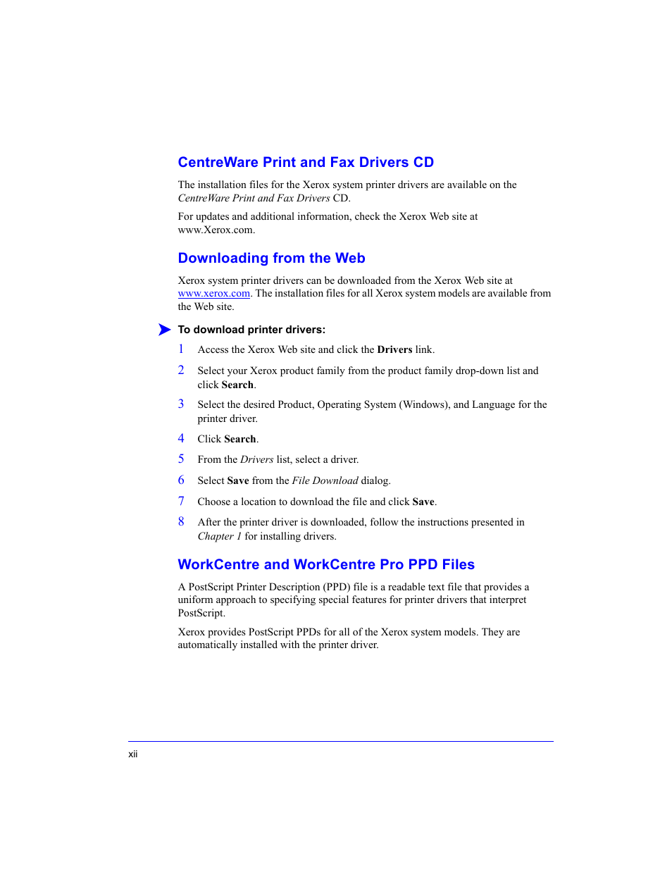 Centreware print and fax drivers cd, Downloading from the web, Workcentre and workcentre pro ppd files | Xerox WorkCentre M35-4011 User Manual | Page 12 / 75