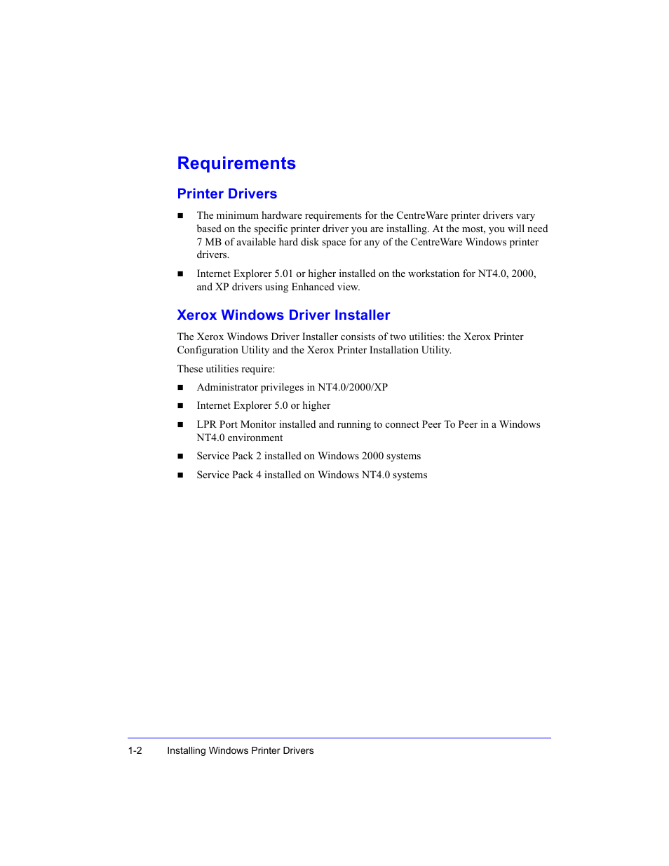 Requirements, Printer drivers, Xerox windows driver installer | Xerox WorkCentre M35-4011 User Manual | Page 18 / 75