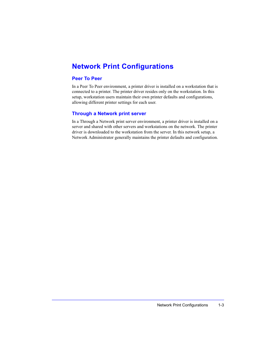 Network print configurations, Peer to peer, Through a network print server | Peer to peer -3 through a network print server -3 | Xerox WorkCentre M35-4011 User Manual | Page 19 / 75