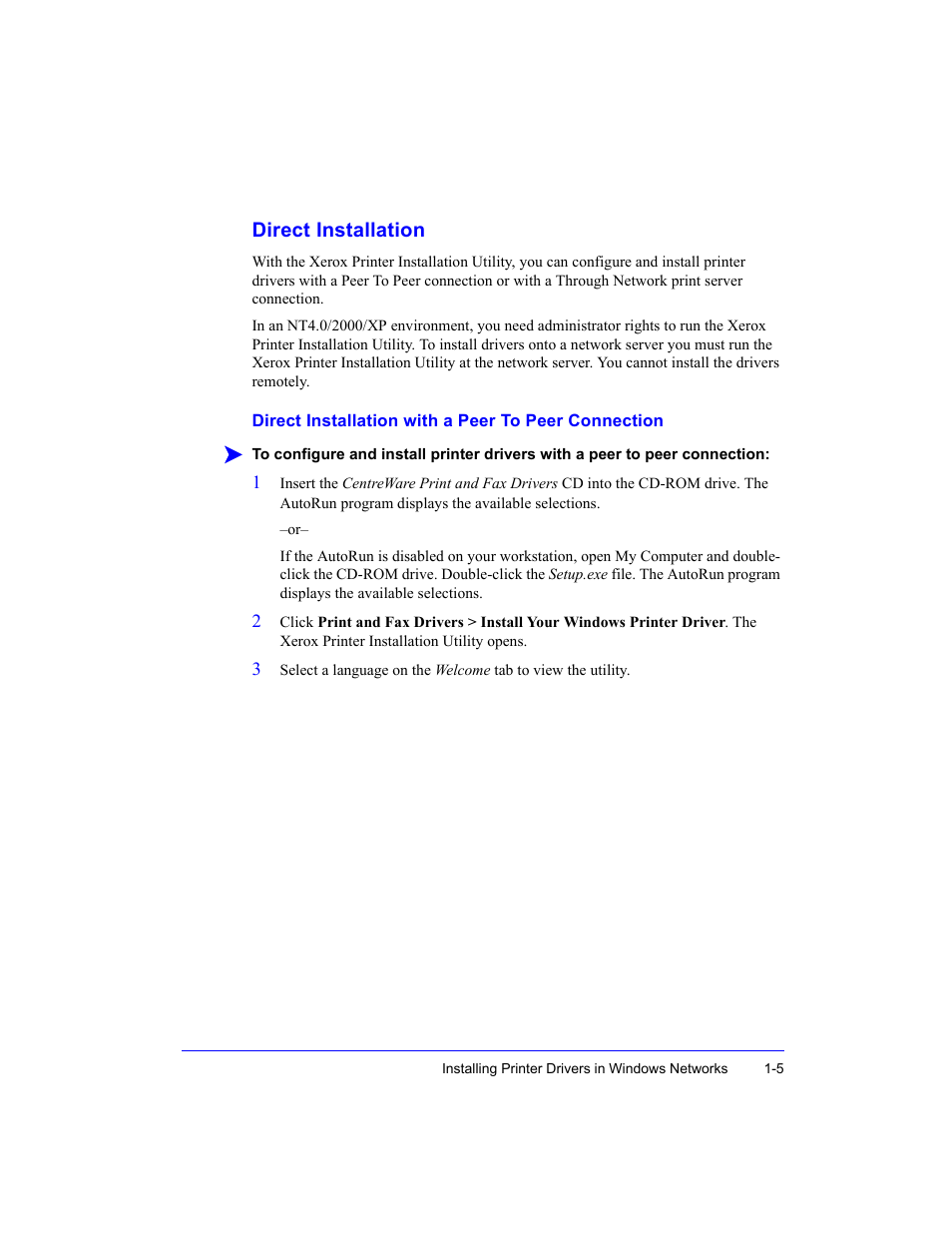 Direct installation, Direct installation with a peer to peer connection, Direct installation -5 | Xerox WorkCentre M35-4011 User Manual | Page 21 / 75